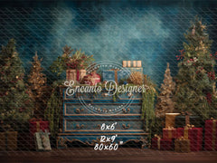 Blue Ornate Dresser Gifts Trees Vintage Christmas Backdrop - Layoris