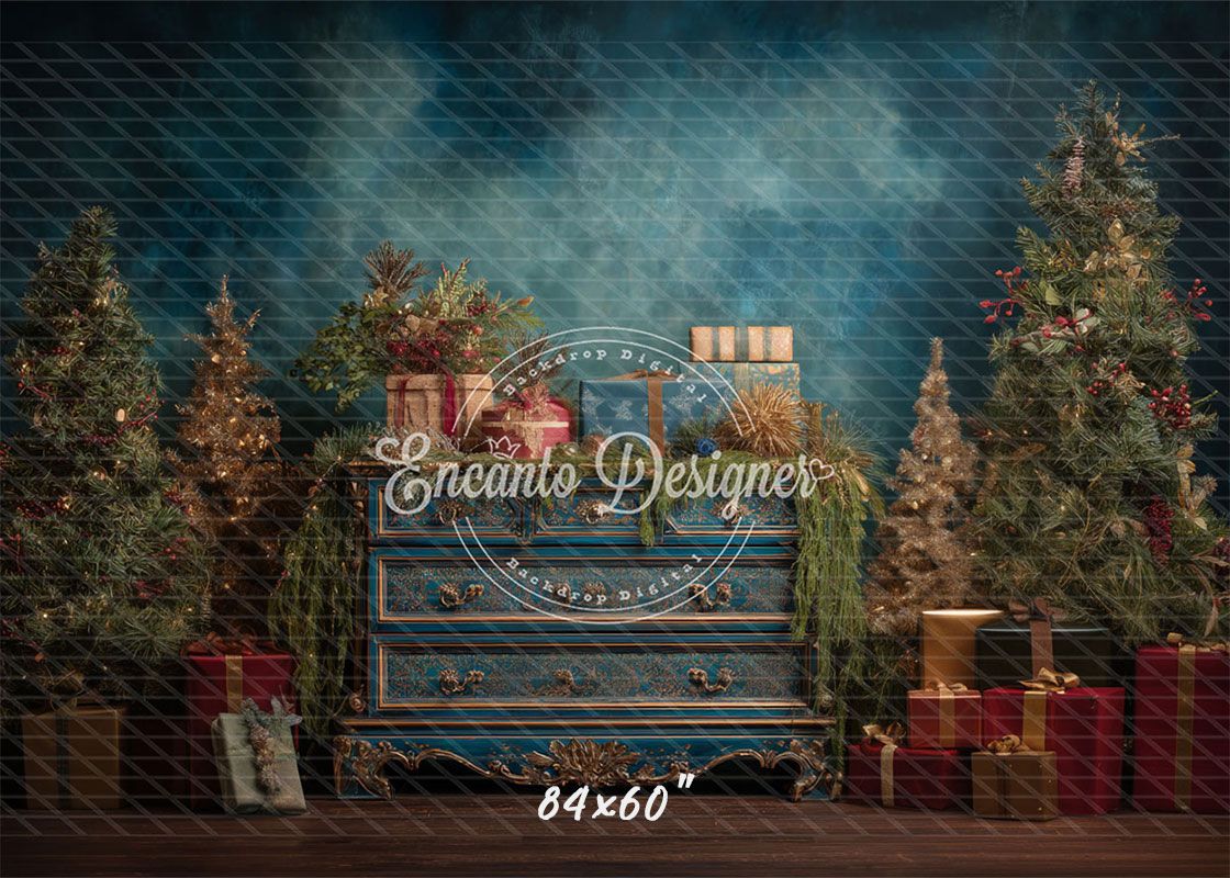 Blue Ornate Dresser Gifts Trees Vintage Christmas Backdrop - Layoris