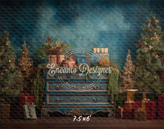 Blue Ornate Dresser Gifts Trees Vintage Christmas Backdrop - Layoris