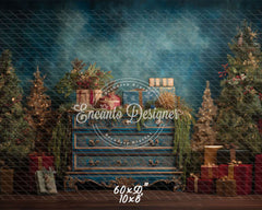 Blue Ornate Dresser Gifts Trees Vintage Christmas Backdrop - Layoris