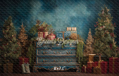Blue Ornate Dresser Gifts Trees Vintage Christmas Backdrop - Layoris