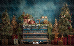 Blue Ornate Dresser Gifts Trees Vintage Christmas Backdrop - Layoris