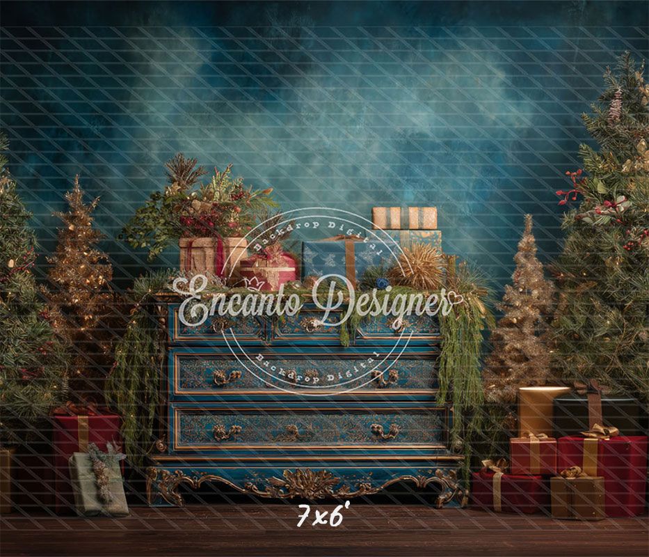Blue Ornate Dresser Gifts Trees Vintage Christmas Backdrop - Layoris