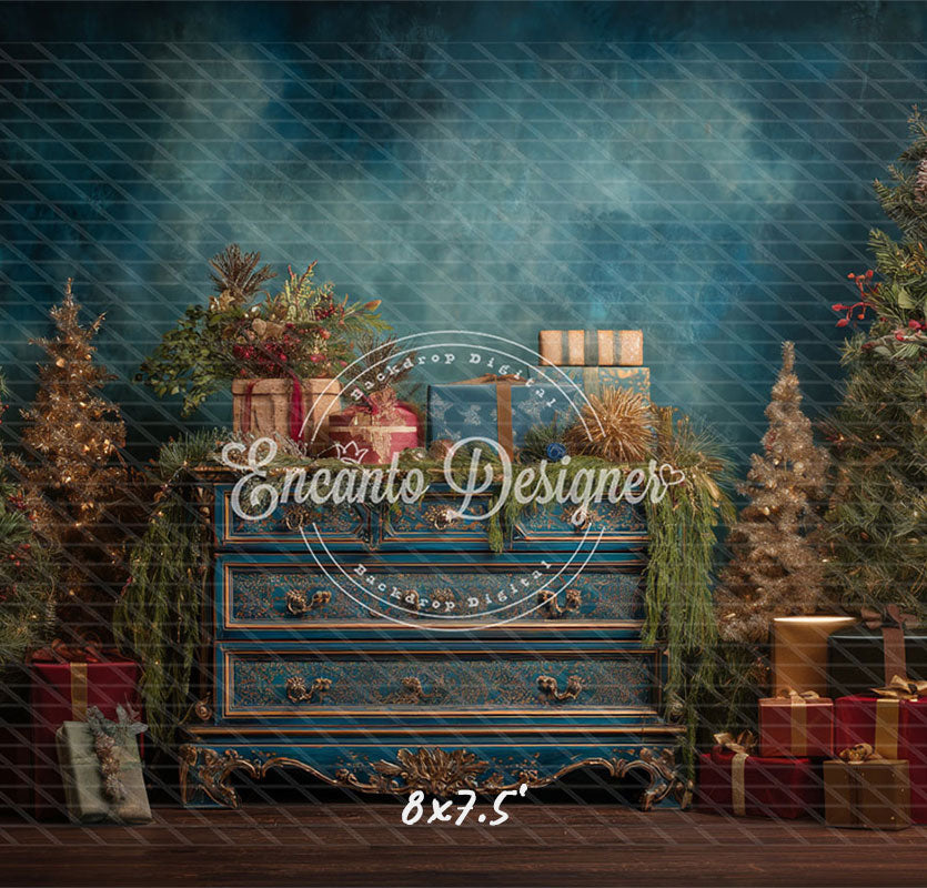Blue Ornate Dresser Gifts Trees Vintage Christmas Backdrop - Layoris