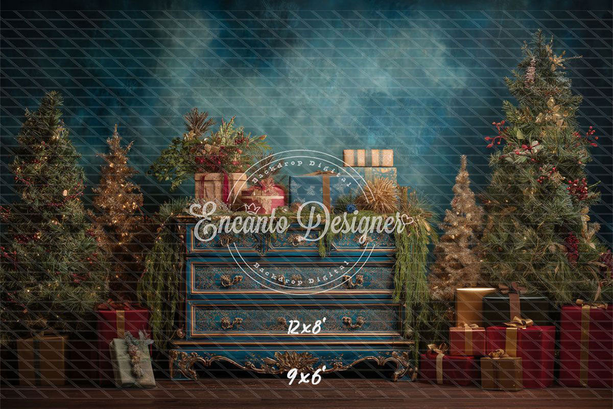 Blue Ornate Dresser Gifts Trees Vintage Christmas Backdrop - Layoris