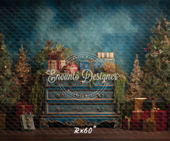 Blue Ornate Dresser Gifts Trees Vintage Christmas Backdrop - Layoris