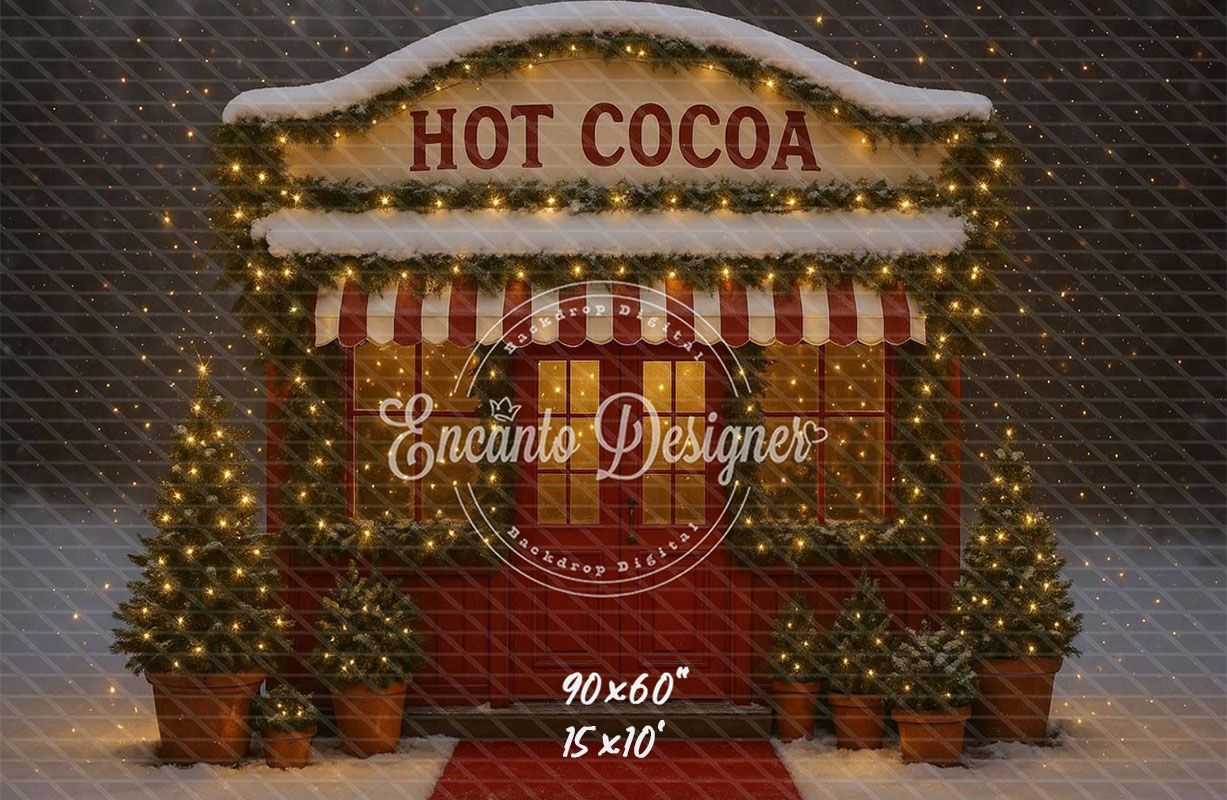 Hot Cocoa Shop Snowy Lights Trees Christmas Backdrop - Layoris