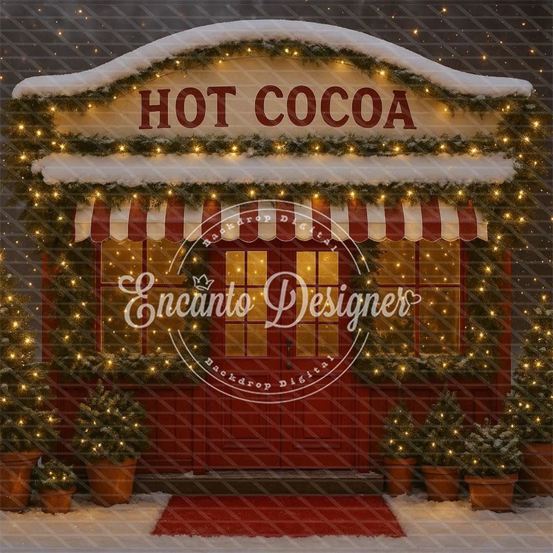 Hot Cocoa Shop Snowy Lights Trees Christmas Backdrop - Layoris