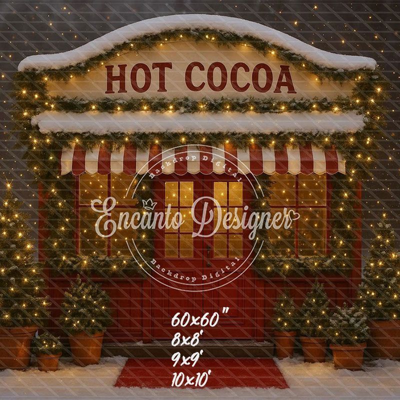 Hot Cocoa Shop Snowy Lights Trees Christmas Backdrop - Layoris