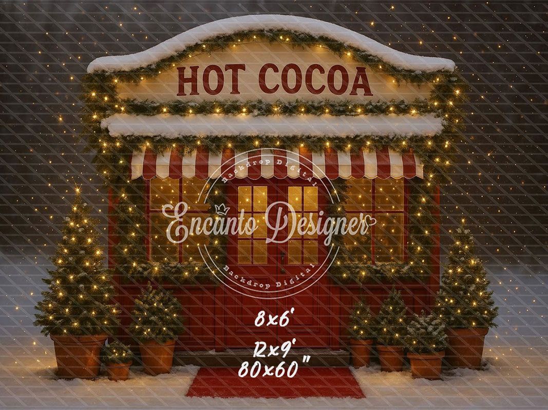 Hot Cocoa Shop Snowy Lights Trees Christmas Backdrop - Layoris