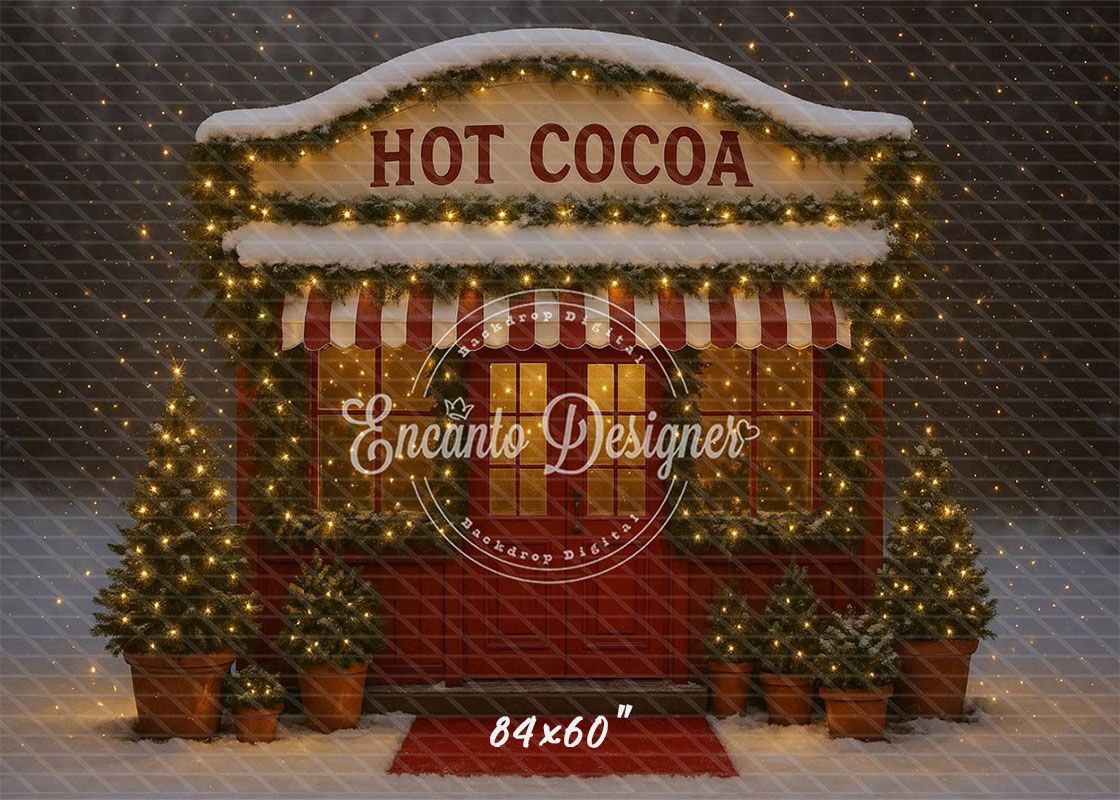 Hot Cocoa Shop Snowy Lights Trees Christmas Backdrop - Layoris