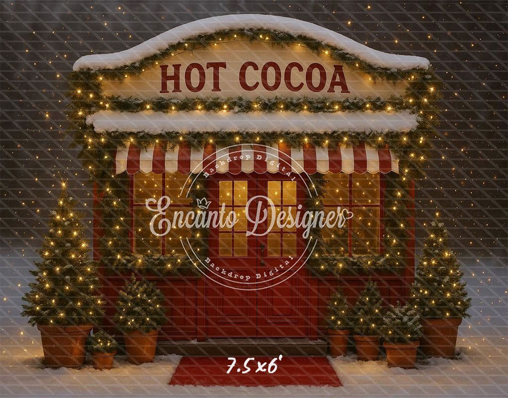 Hot Cocoa Shop Snowy Lights Trees Christmas Backdrop - Layoris