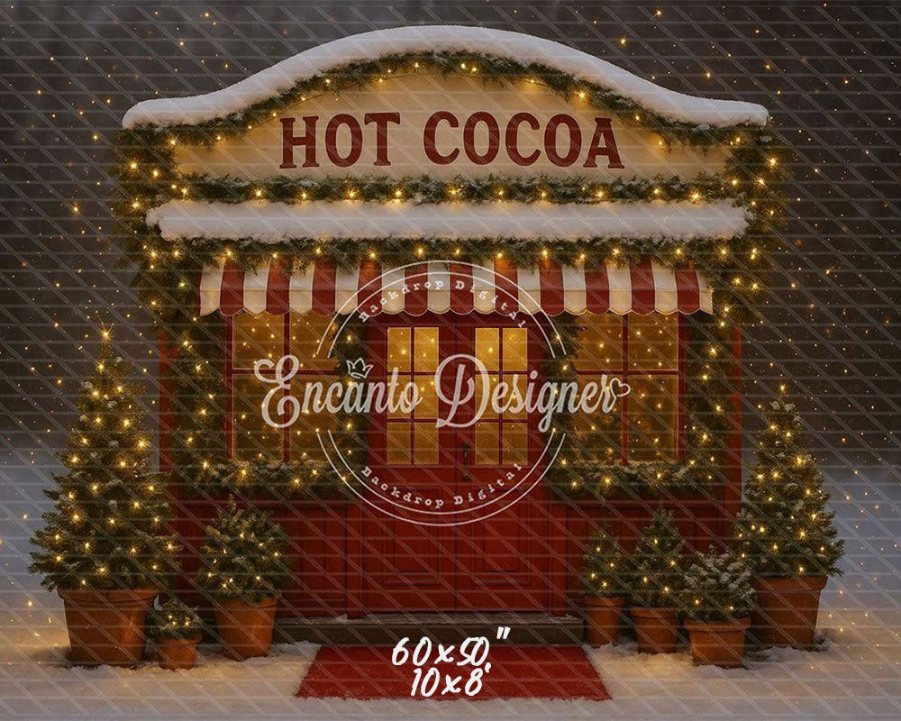 Hot Cocoa Shop Snowy Lights Trees Christmas Backdrop - Layoris