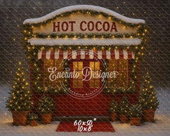 Hot Cocoa Shop Snowy Lights Trees Christmas Backdrop - Layoris