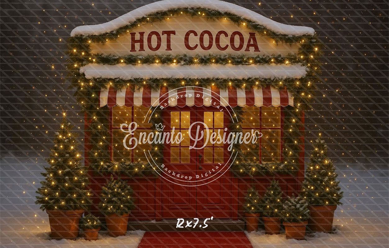 Hot Cocoa Shop Snowy Lights Trees Christmas Backdrop - Layoris