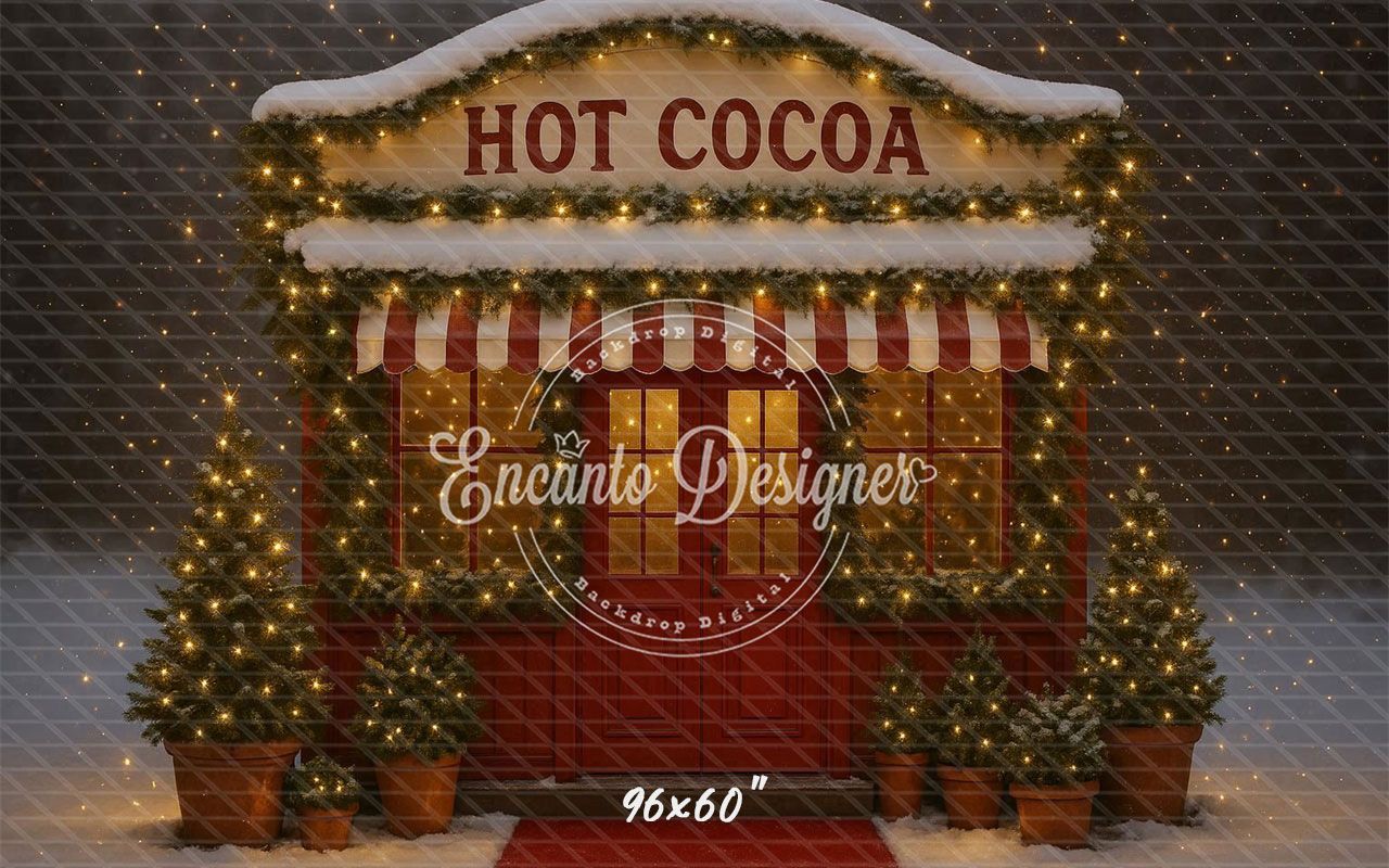 Hot Cocoa Shop Snowy Lights Trees Christmas Backdrop - Layoris