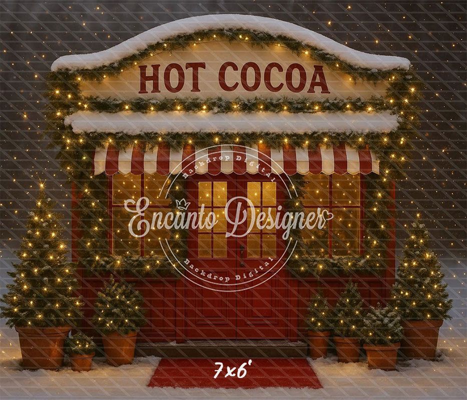 Hot Cocoa Shop Snowy Lights Trees Christmas Backdrop - Layoris