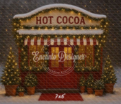Hot Cocoa Shop Snowy Lights Trees Christmas Backdrop - Layoris