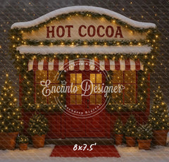 Hot Cocoa Shop Snowy Lights Trees Christmas Backdrop - Layoris