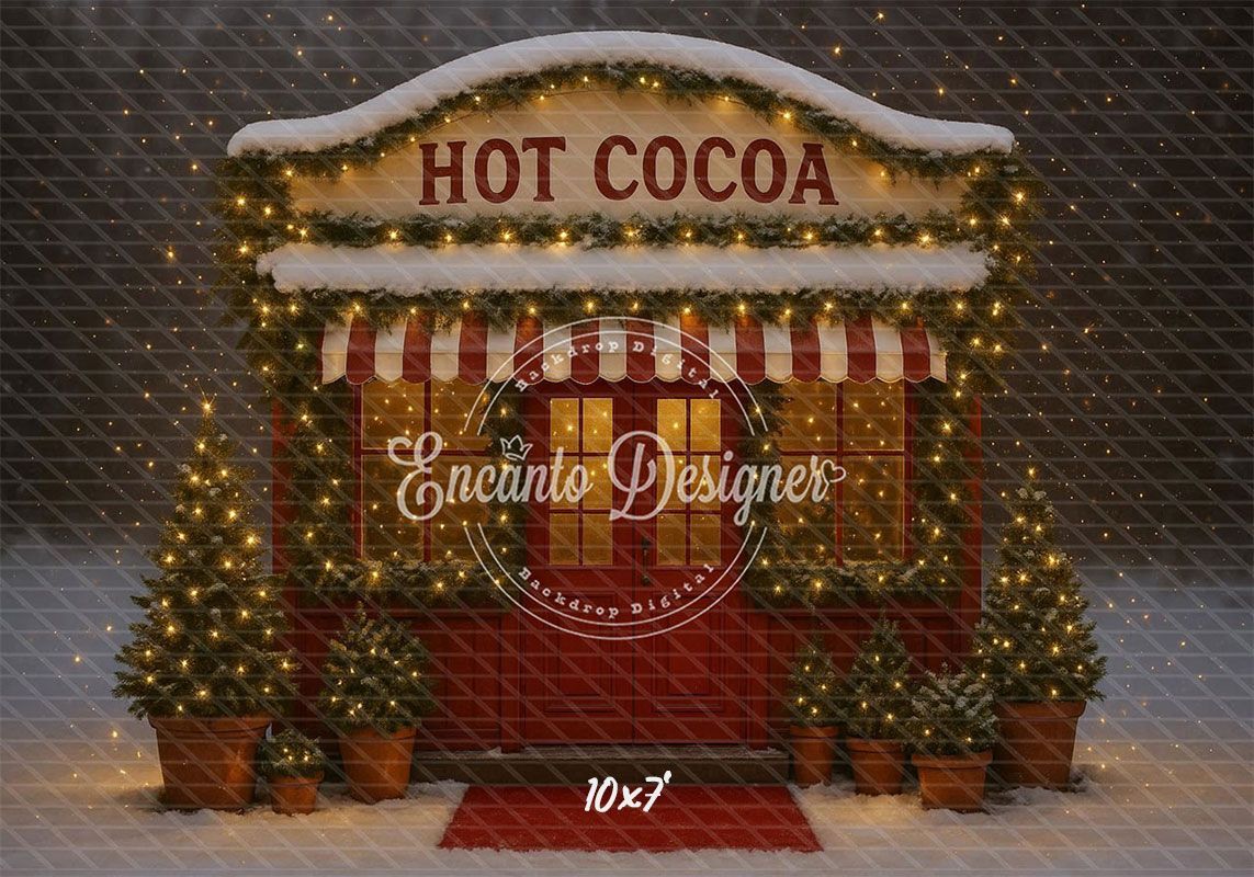 Hot Cocoa Shop Snowy Lights Trees Christmas Backdrop - Layoris