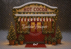 Hot Cocoa Shop Snowy Lights Trees Christmas Backdrop - Layoris