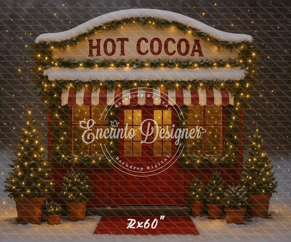 Hot Cocoa Shop Snowy Lights Trees Christmas Backdrop - Layoris