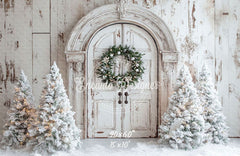 White Distressed Door Wreath Snowy Trees Christmas Backdrop - Layoris