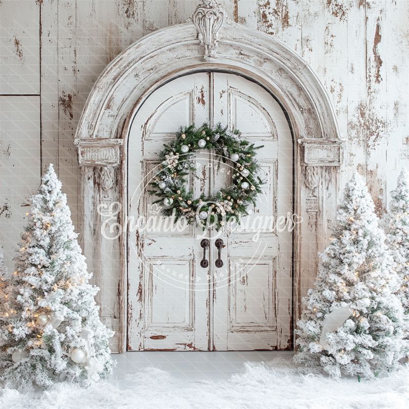 White Distressed Door Wreath Snowy Trees Christmas Backdrop - Layoris