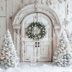 White Distressed Door Wreath Snowy Trees Christmas Backdrop - Layoris