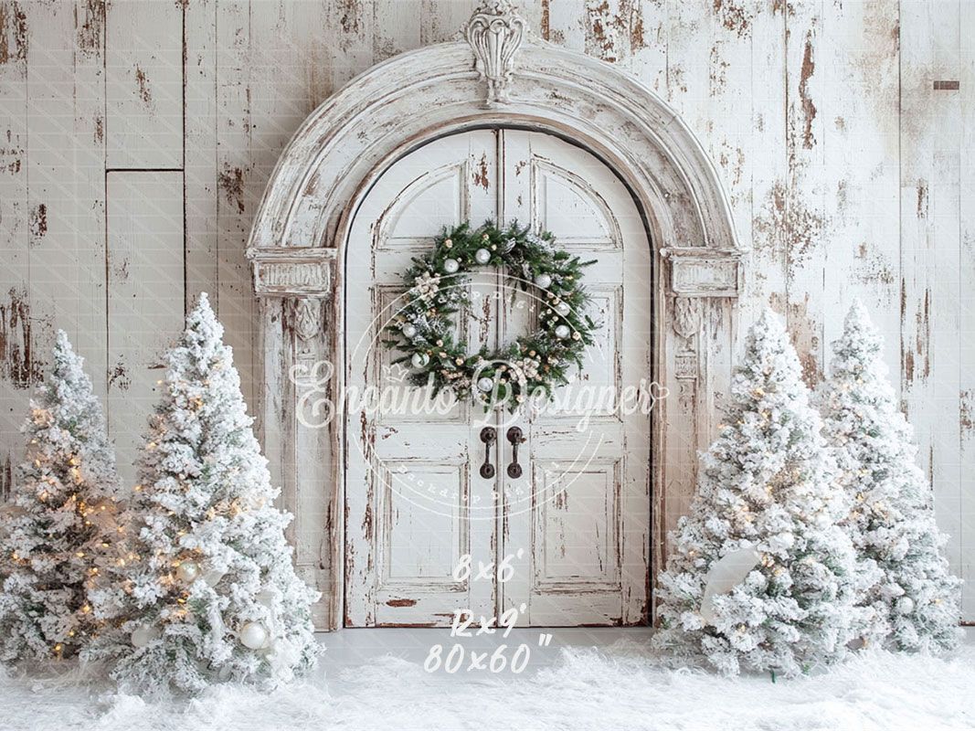 White Distressed Door Wreath Snowy Trees Christmas Backdrop - Layoris