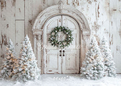 White Distressed Door Wreath Snowy Trees Christmas Backdrop - Layoris