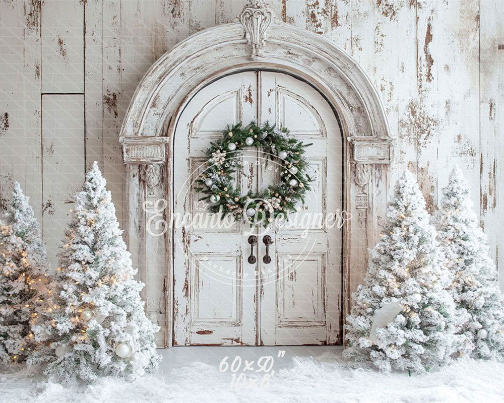 White Distressed Door Wreath Snowy Trees Christmas Backdrop - Layoris
