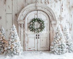 White Distressed Door Wreath Snowy Trees Christmas Backdrop - Layoris