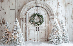 White Distressed Door Wreath Snowy Trees Christmas Backdrop - Layoris