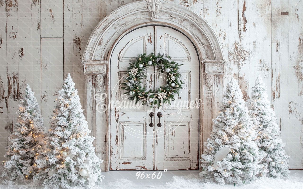 White Distressed Door Wreath Snowy Trees Christmas Backdrop - Layoris
