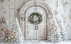 White Distressed Door Wreath Snowy Trees Christmas Backdrop - Layoris