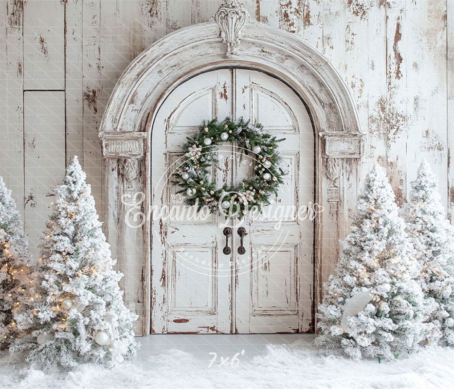 White Distressed Door Wreath Snowy Trees Christmas Backdrop - Layoris