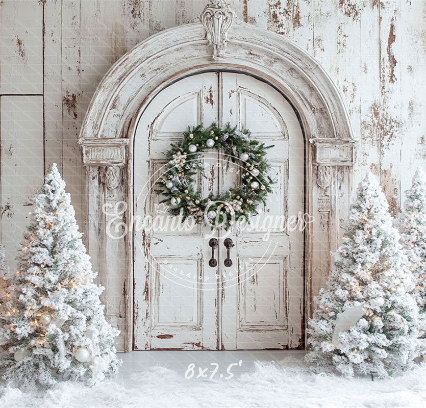White Distressed Door Wreath Snowy Trees Christmas Backdrop - Layoris