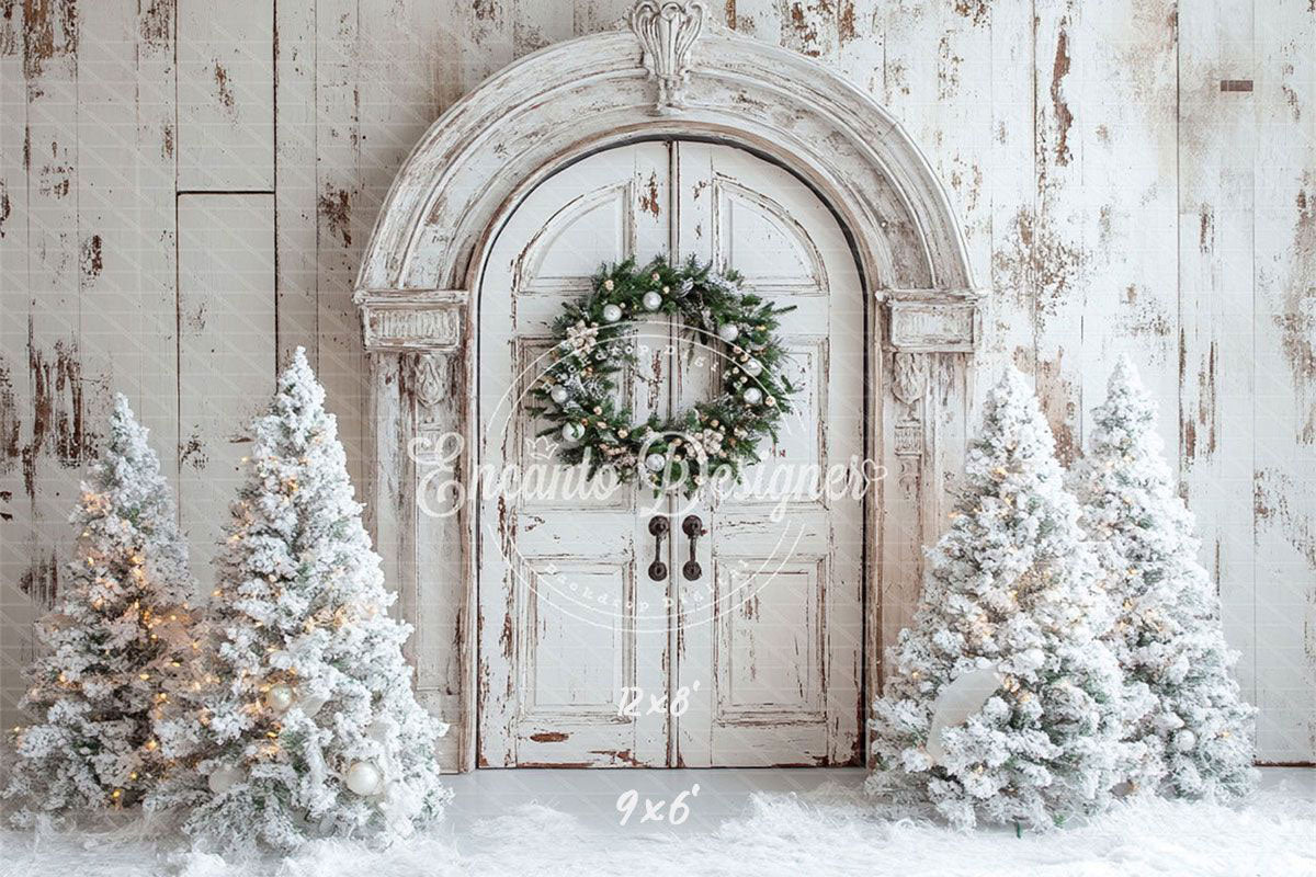 White Distressed Door Wreath Snowy Trees Christmas Backdrop - Layoris