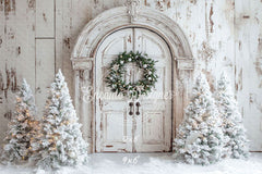 White Distressed Door Wreath Snowy Trees Christmas Backdrop - Layoris