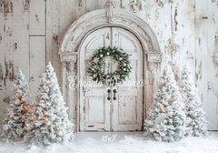 White Distressed Door Wreath Snowy Trees Christmas Backdrop - Layoris