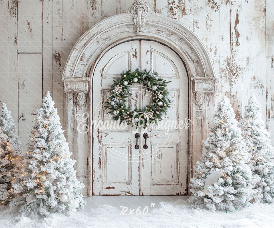 White Distressed Door Wreath Snowy Trees Christmas Backdrop - Layoris