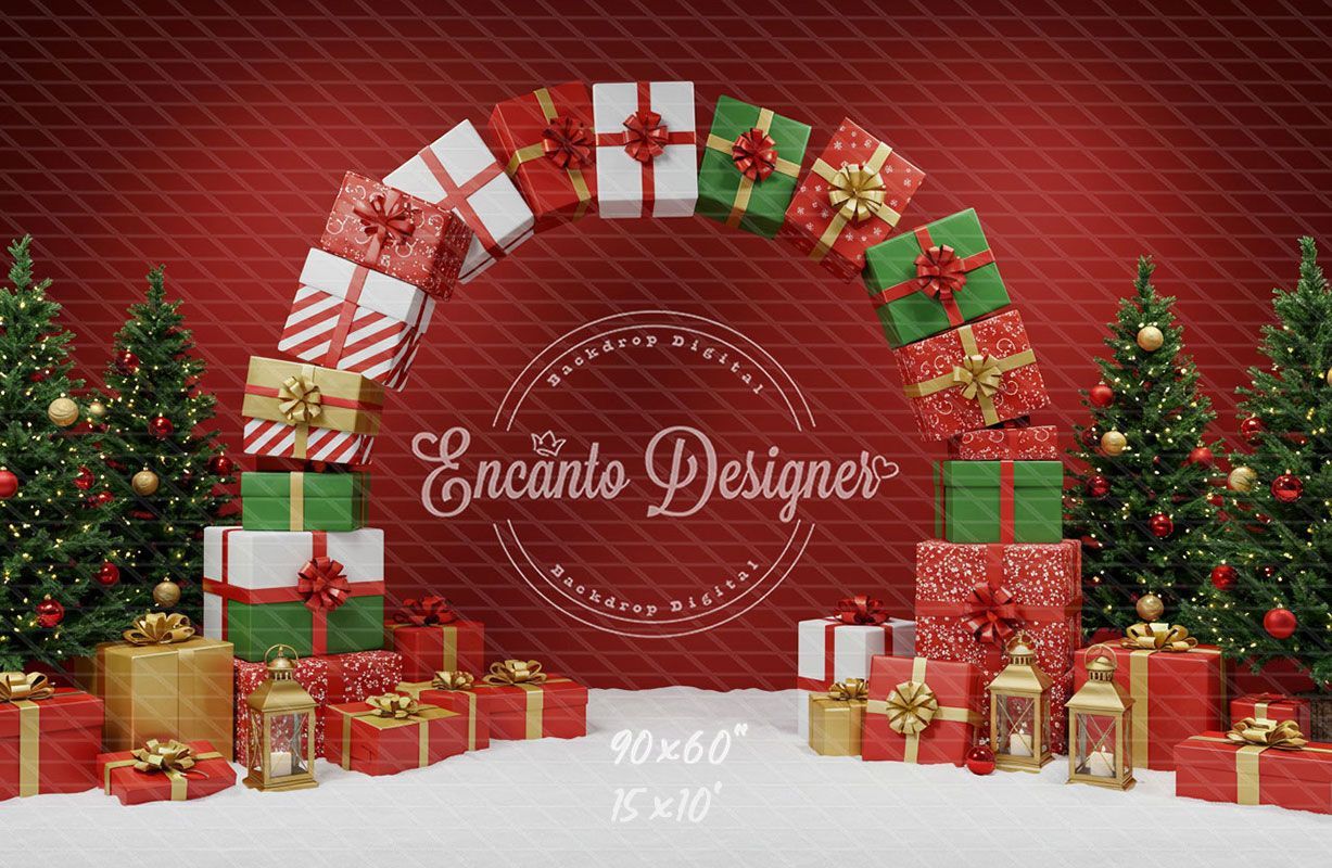 Gift Arch Snowy Trees Festive Red Christmas Backdrop - Layoris