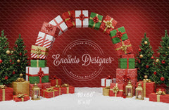 Gift Arch Snowy Trees Festive Red Christmas Backdrop - Layoris