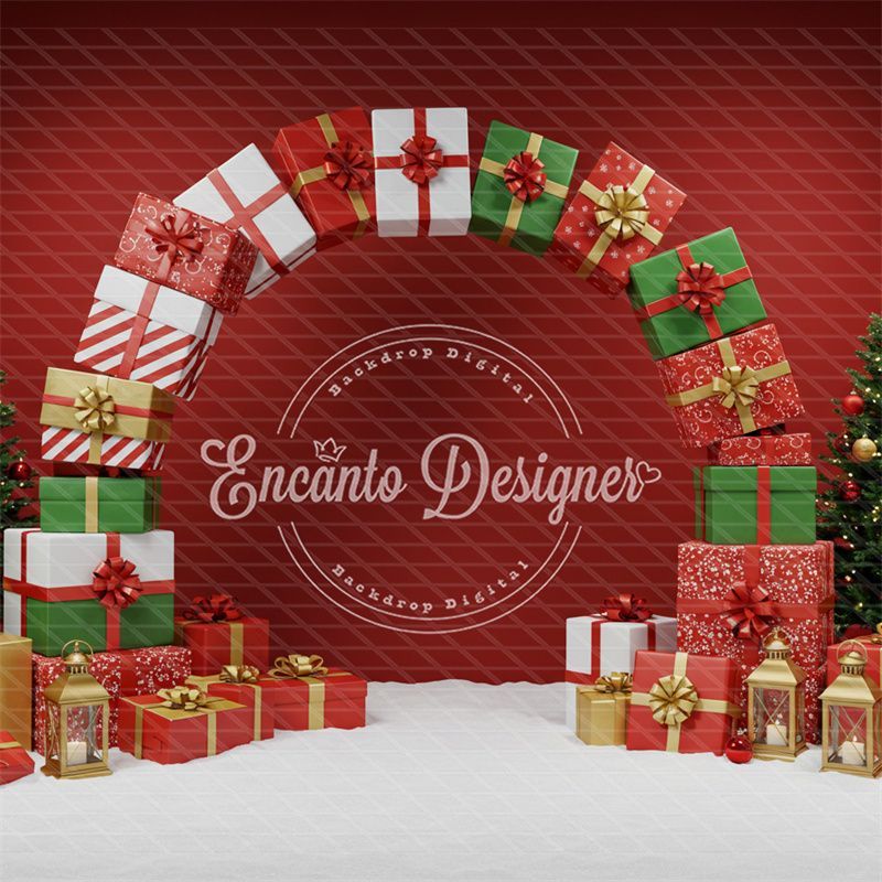Gift Arch Snowy Trees Festive Red Christmas Backdrop - Layoris