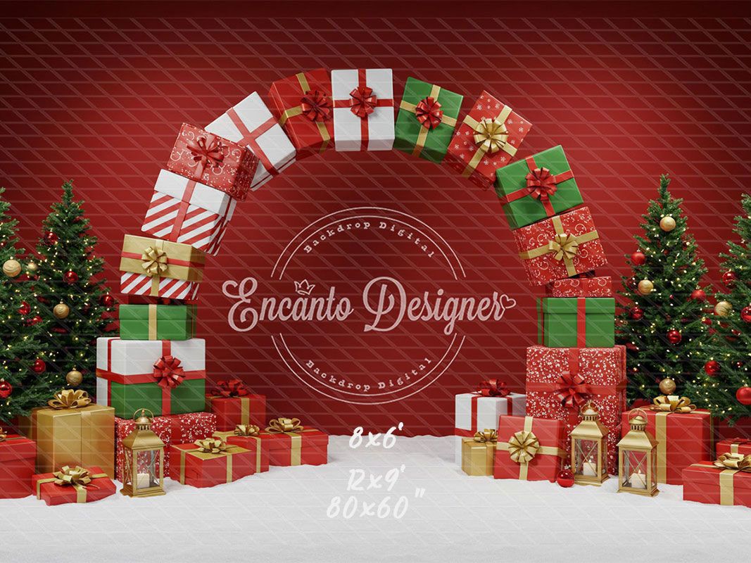 Gift Arch Snowy Trees Festive Red Christmas Backdrop - Layoris