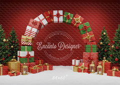 Gift Arch Snowy Trees Festive Red Christmas Backdrop - Layoris