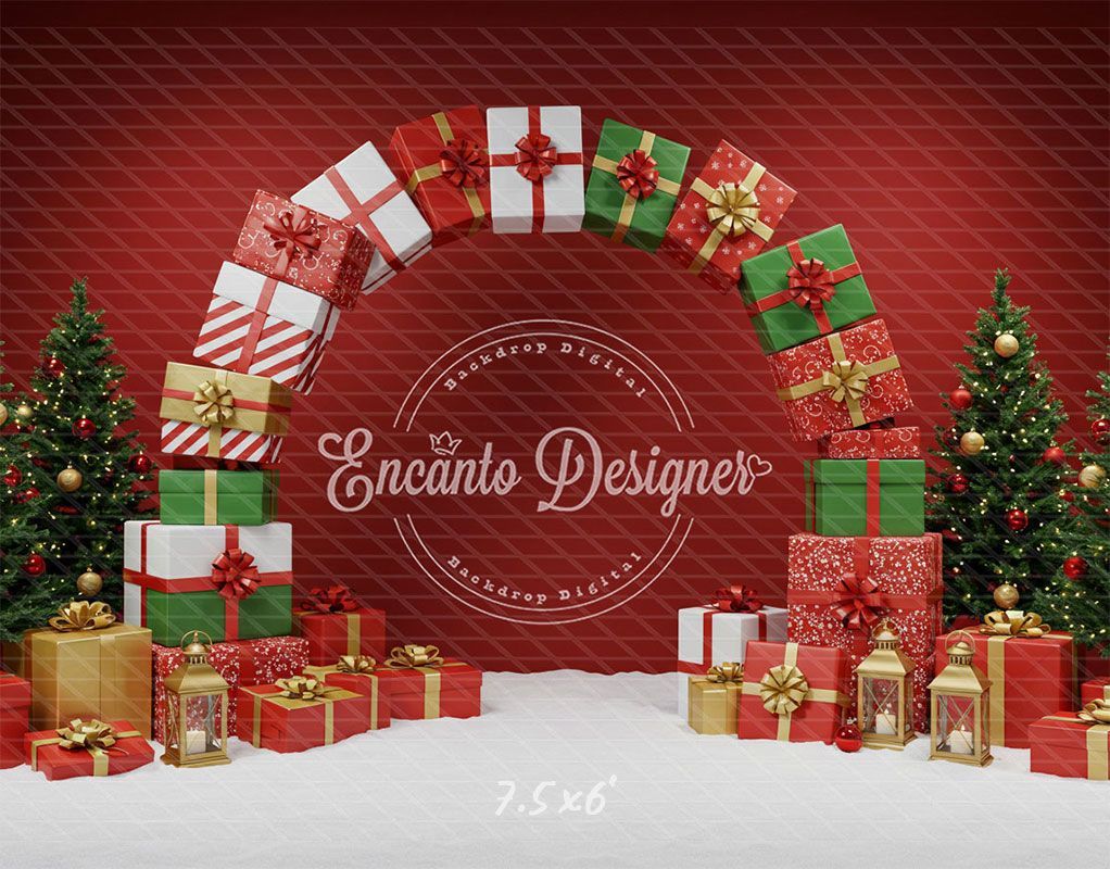 Gift Arch Snowy Trees Festive Red Christmas Backdrop - Layoris