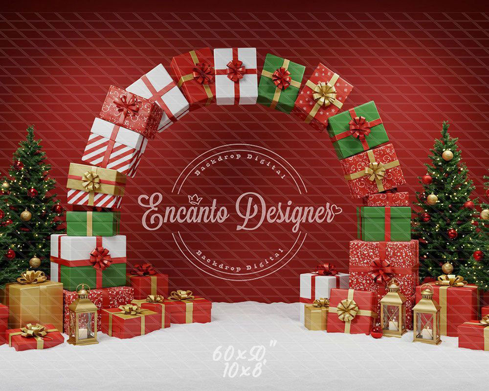 Gift Arch Snowy Trees Festive Red Christmas Backdrop - Layoris