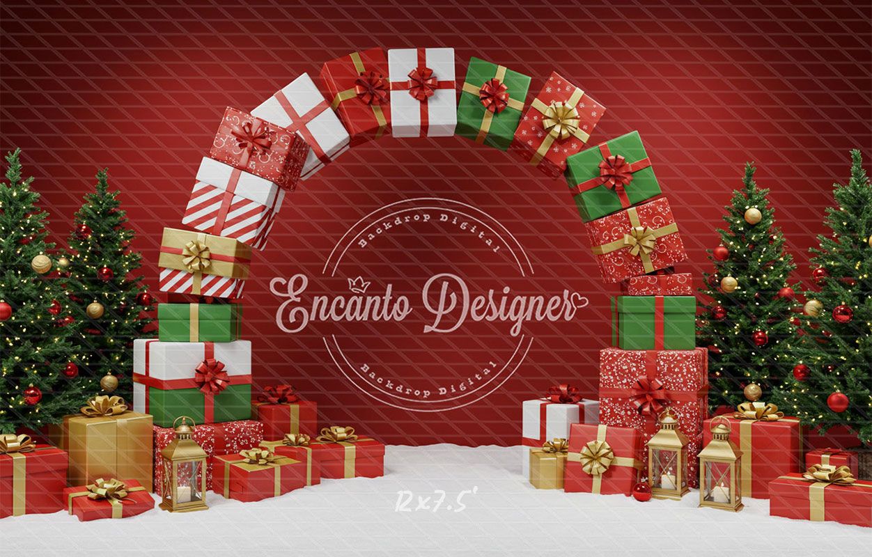 Gift Arch Snowy Trees Festive Red Christmas Backdrop - Layoris